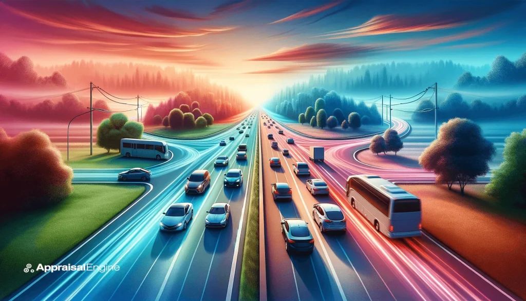 Serene highway scene with diverse vehicles smoothly navigating, symbolizing calm cooperation among drivers to avoid road rage, set against a backdrop of vibrant colors promoting peace and safety.