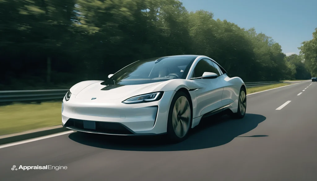 A modern white electric car swiftly cruising on a highway, surrounded by lush greenery, illustrating the harmonious blend of speed and safety in electric vehicle technology.