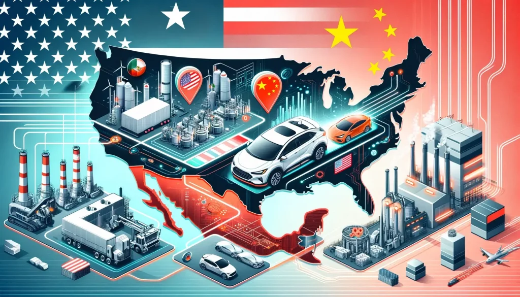 A detailed and visually engaging banner illustrating the impact of Chinese investment in Mexico on the US electric vehicle (EV) market, featuring a map highlighting the US, Mexico, and China with icons representing EVs and trade routes, along with imagery of electric vehicles and factory settings to represent the automotive industry, with a modern, tech-focused look and a blend of red, white, and blue colors.