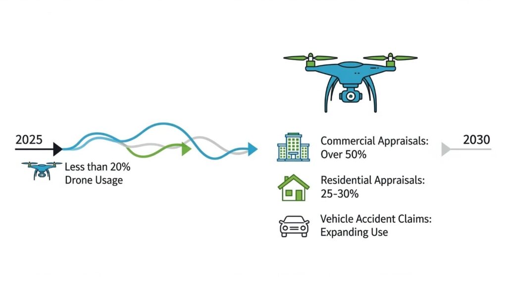 Infographic showing projected growth of drone usage in appraisals from 2025 to 2030, highlighting applications in diminished value claims, insurance logistics, and accident-related total loss assessments.
