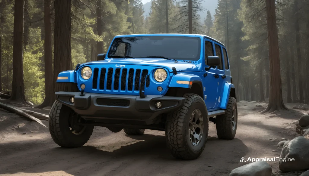A blue Jeep Wrangler stands ready on a forest trail, symbolizing the brand's robust plans to regain U.S. market share and embrace innovation.