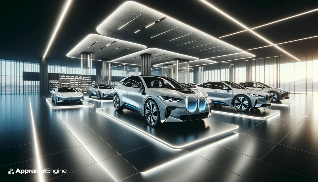 Banner image of a futuristic car showroom displaying several unbranded high-end electric vehicles, highlighted by ambient lighting in a sleek and modern setting, conveying luxury and innovation.