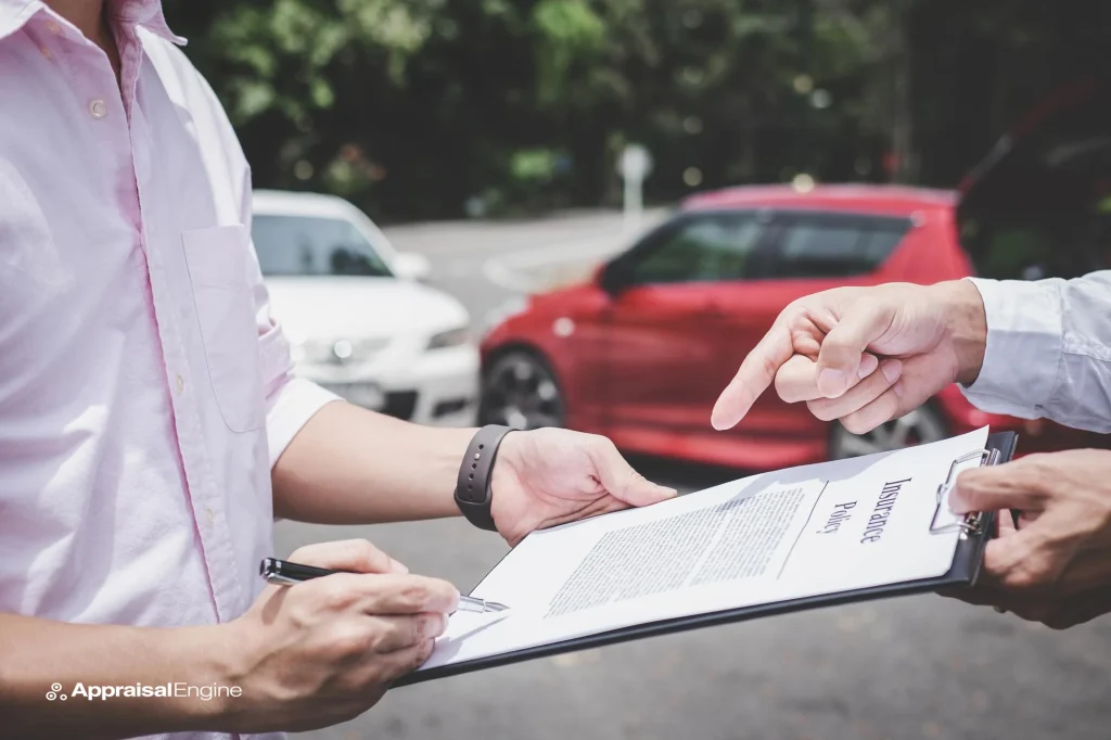 Close-up of two individuals at a car dealership, one signing a temporary car insurance policy with a red car in the background, highlighting the process of securing short-term coverage.