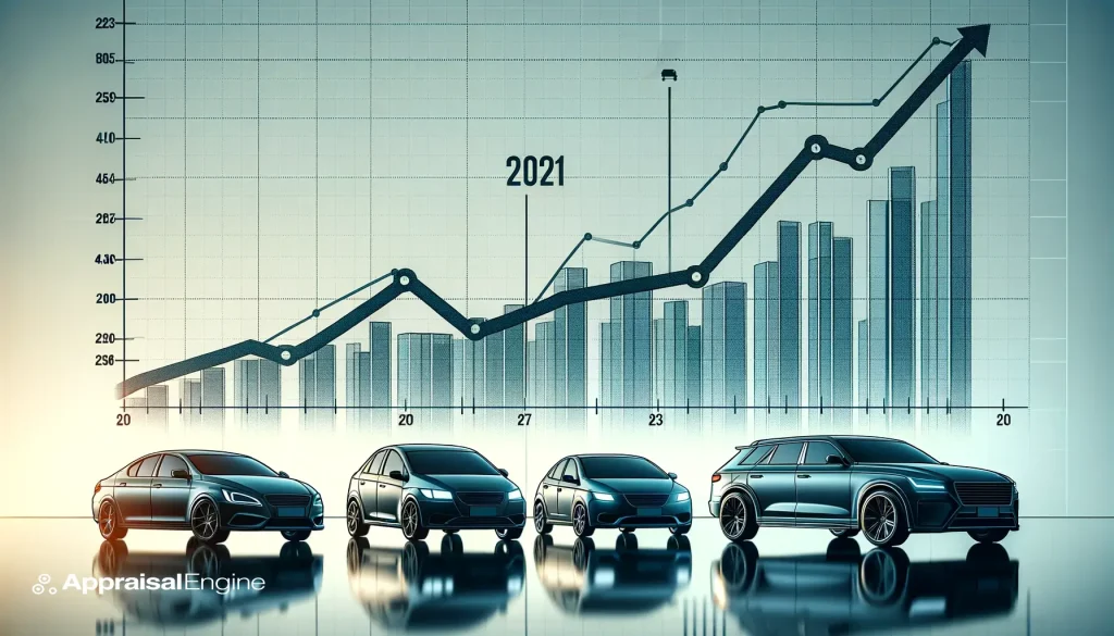 Banner image featuring a line graph without specific data points, depicting the trend of car prices with a rise followed by a decline from 2021 to 2024. Silhouettes of various modern car models, including sedans and an SUV, are aligned at the bottom, reflecting the diversity of the market.