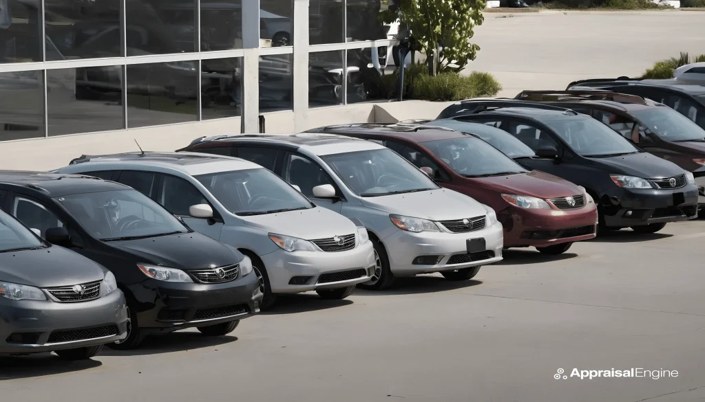 A lineup of various car models parked in front of a dealership, symbolizing the increasing buyer's market due to falling new vehicle margins.