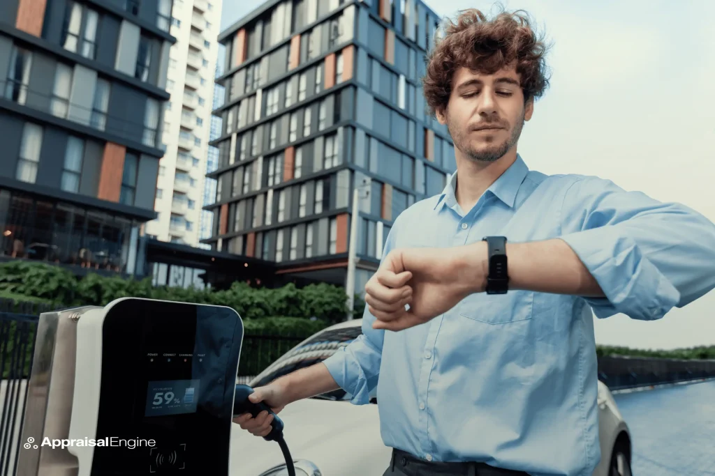 Man checking his watch while charging his electric vehicle at a Gravity Mobility high-speed charging station in New York City with modern buildings in the background.