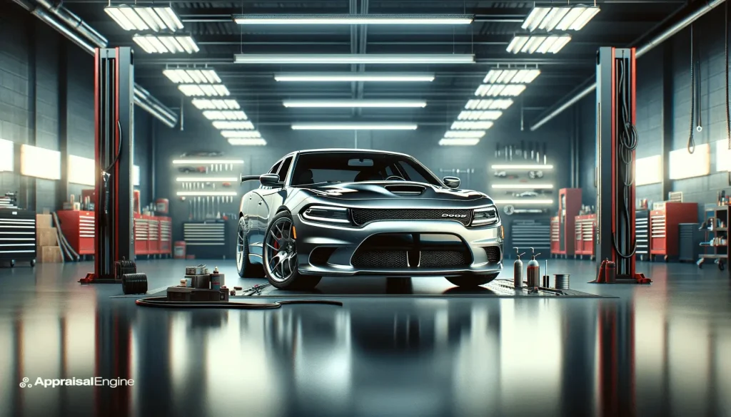 Realistic image of a Dodge sports car in a modern, well-equipped garage, symbolizing the comprehensive vehicle protection offered by Dodge's Complete Performance Vehicle Protection Package.