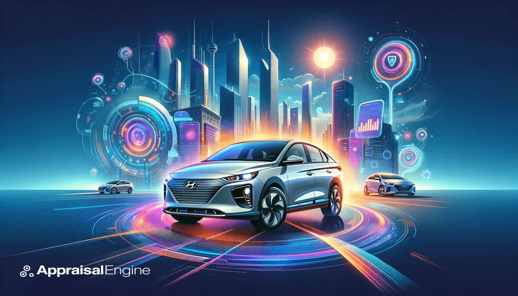 Banner showing the updated 2024 Hyundai Ioniq 5 with enhanced range and futuristic design, set against a modern cityscape backdrop.