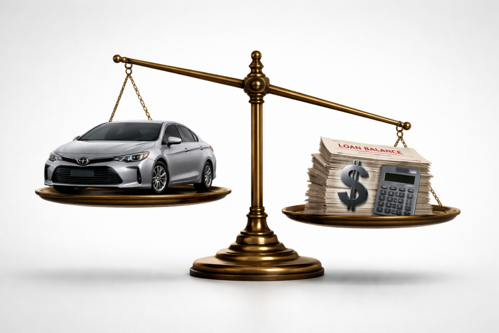 auto lending risk 2026 negative equity vehicle loan balance vs car value illustration