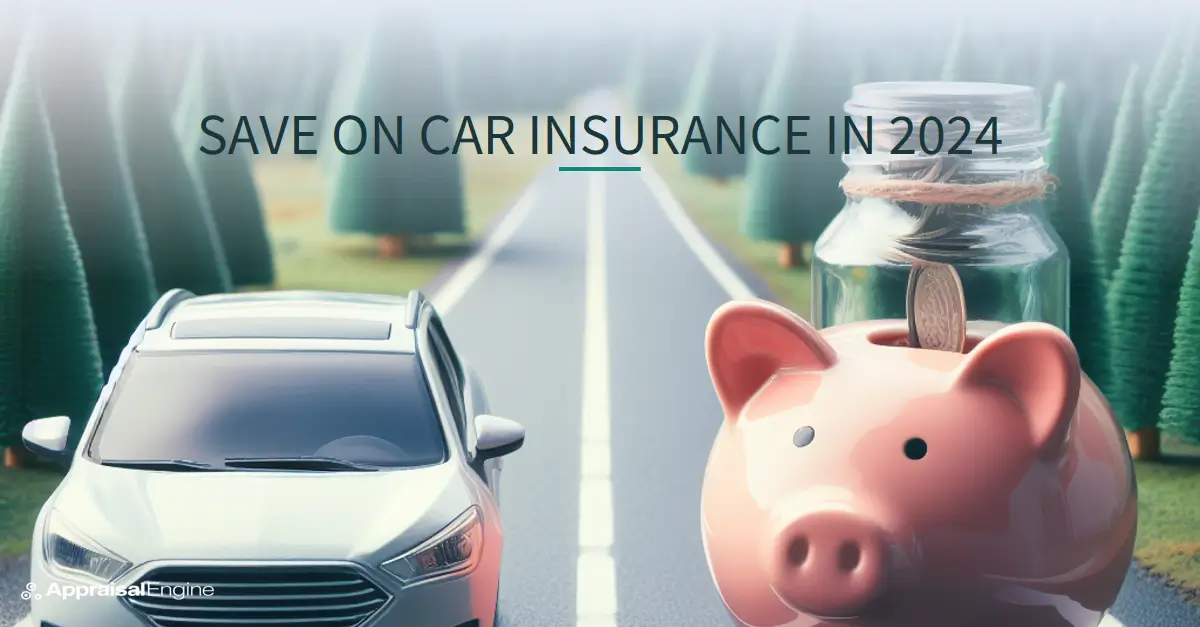 A graphic showing a car on a road with a piggy bank and a jar of coins, symbolizing savings on car insurance in 2024.