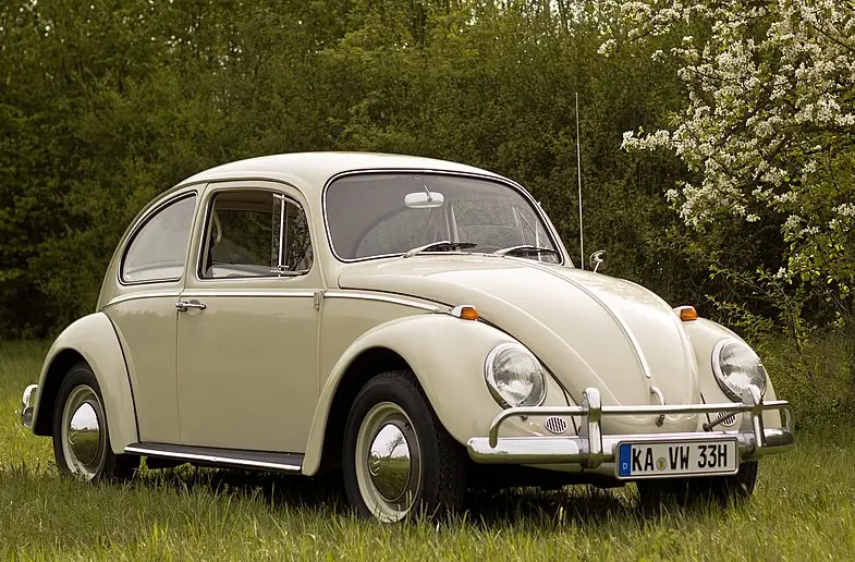 An iconic Volkswagen Beetle, representing the early success of the brand, parked on a grassy field with lush greenery and blooming trees in the background.
