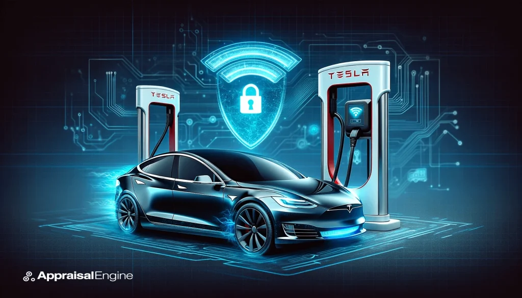 This dynamic image showcases a Tesla car plugged into a Supercharger, with digital encryption shields symbolizing robust protection against cyber threats. Perfect for promoting safe EV charging technology.