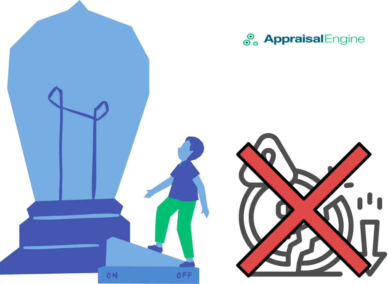 Appraisal Engine logo with illustration of a person interacting with an on/off switch, representing vehicle appraisal and valuation.