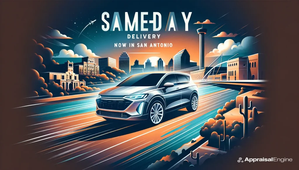 Illustrative banner showing a modern car speeding towards the viewer with iconic San Antonio landmarks in the background, highlighting Carvana's same-day delivery service available now in the city.