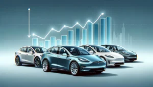 Lineup of used electric cars with a Tesla in front, illustrating the 2023 market's declining price trend.
