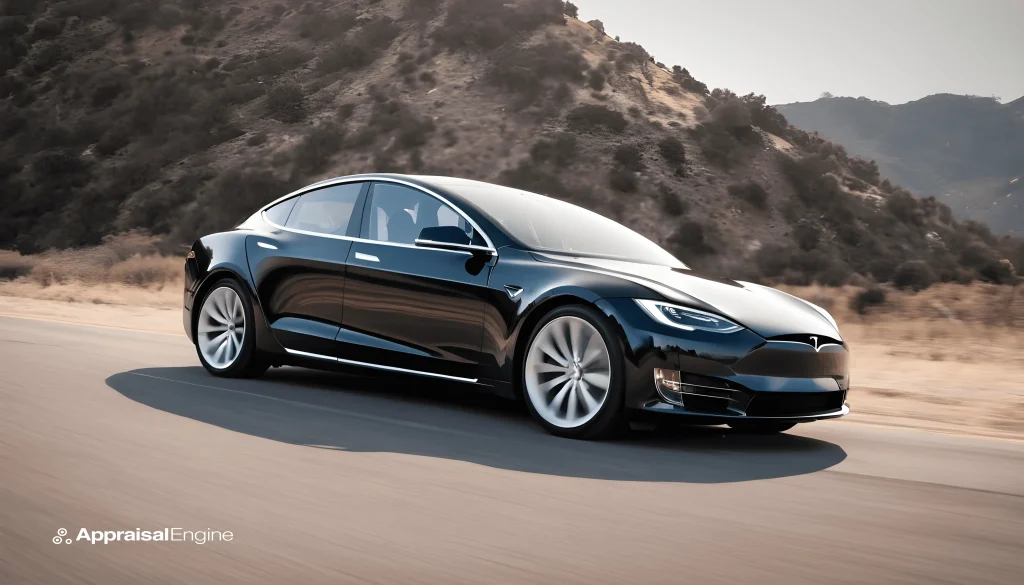 A dynamic Tesla Model S cruising along a scenic California highway, symbolizing the company's drive through market fluctuations.
