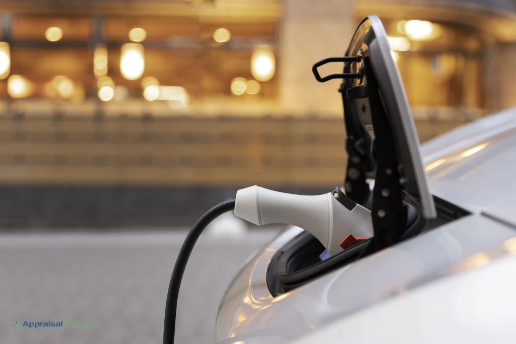 Close-up of an electric vehicle charger connected to a car, with the warm glow of city lights in the background, symbolizing New Mexico's commitment to sustainable transportation.