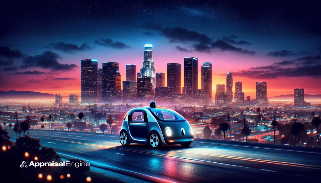 A Waymo autonomous vehicle in the foreground, with Los Angeles's cityscape at dusk in the background, symbolizing the launch of driverless taxi services in the city.