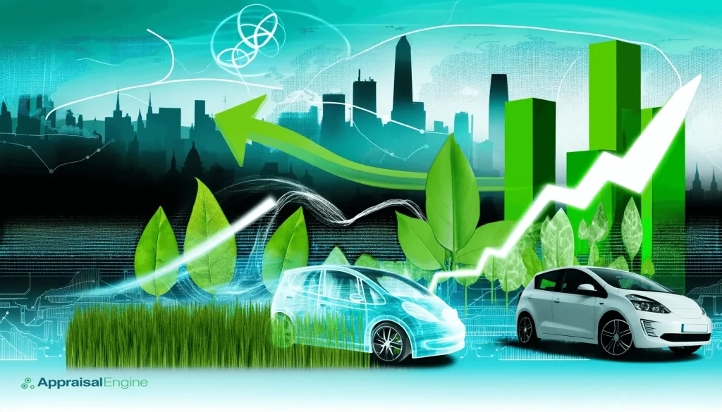 Banner depicting electric cars and greenery against a city skyline, symbolizing the EPA's new regulations for a sustainable future.