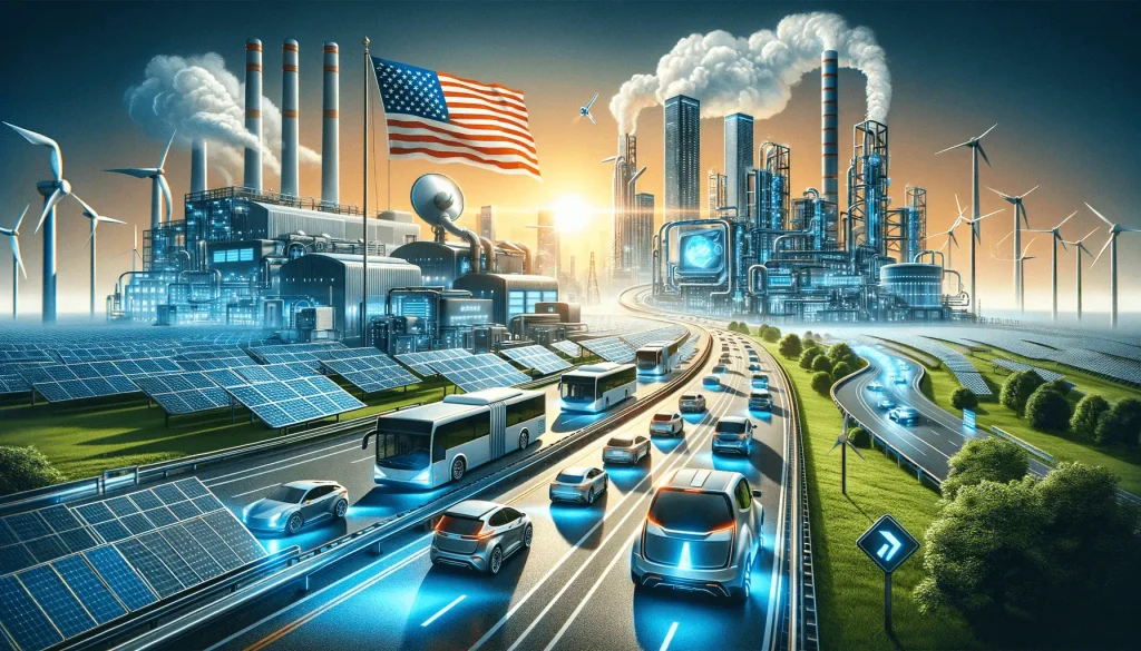 A vibrant banner depicting a futuristic cityscape with electric vehicles on the move, solar panels, wind turbines, and a high-tech manufacturing facility under the U.S. flag, symbolizing America's leap towards sustainable energy and technological sovereignty in the EV sector.