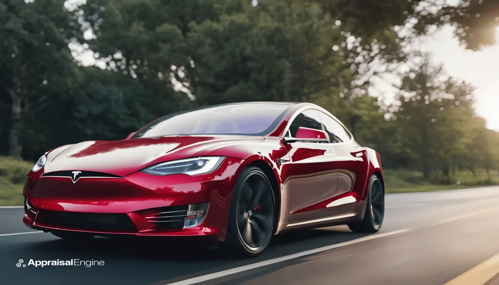 A Red Q4 Tesla on the road.