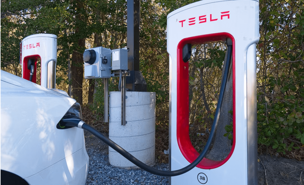 White tesla model y charging at tesla charging station