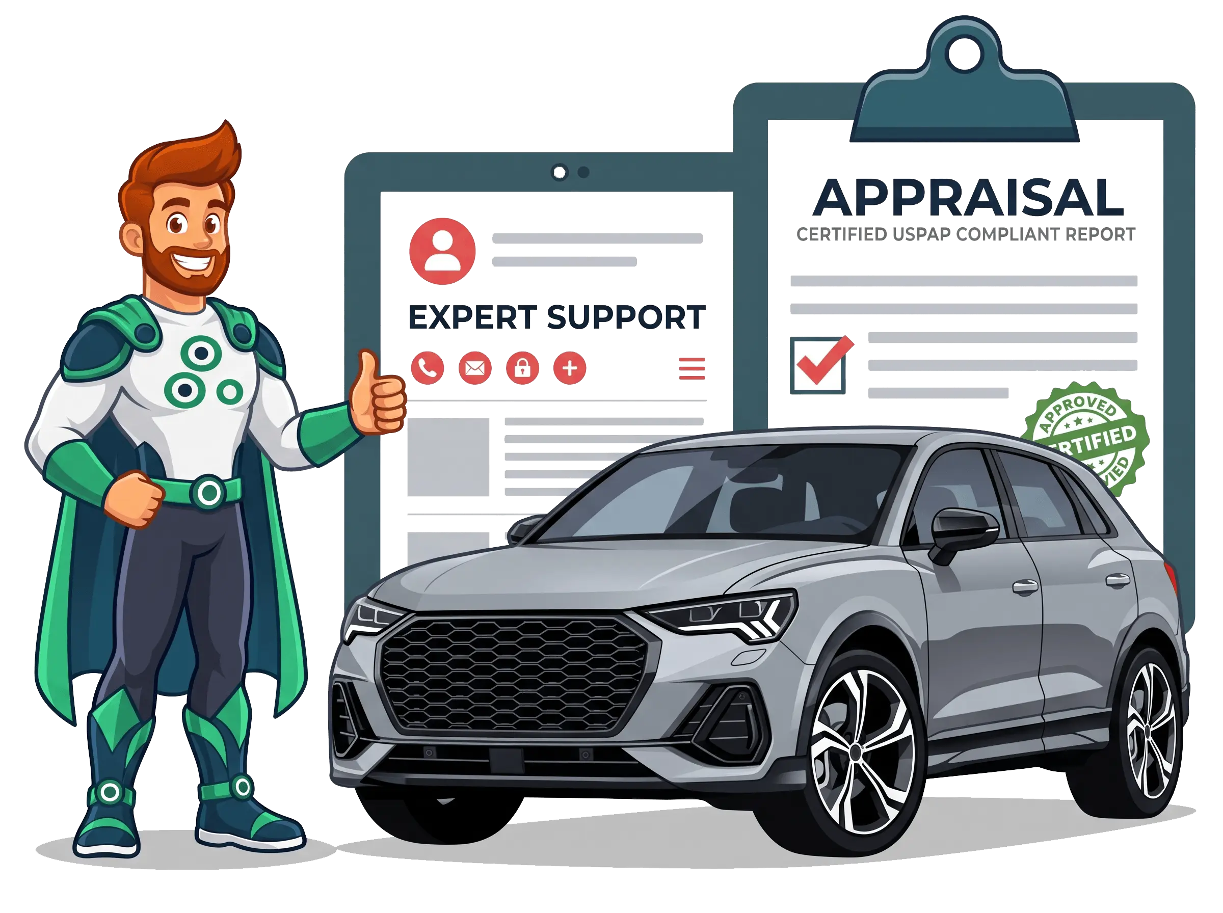 Appraisal Engine mascot inspecting a gray SUV and holding a certified USPAP compliant car appraisal report