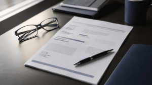 Vehicle insurance policy document on a desk being reviewed