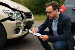 Insurance appraiser inspecting a beige car with front-end damage.