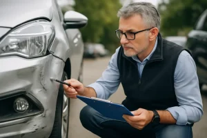 An insurance appraiser or claims adjuster, a man in a vest and glasses, kneels to inspect and document damage on the front fender of a silver car, symbolizing the process of getting a higher ACV from insurance.