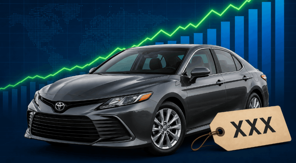 Sedan with a price tag in front of a rising price chart, illustrating how auto tariffs are increasing car values in 2026