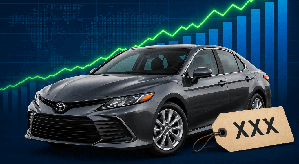 Sedan with a price tag in front of a rising price chart, illustrating how auto tariffs are increasing car values in 2026