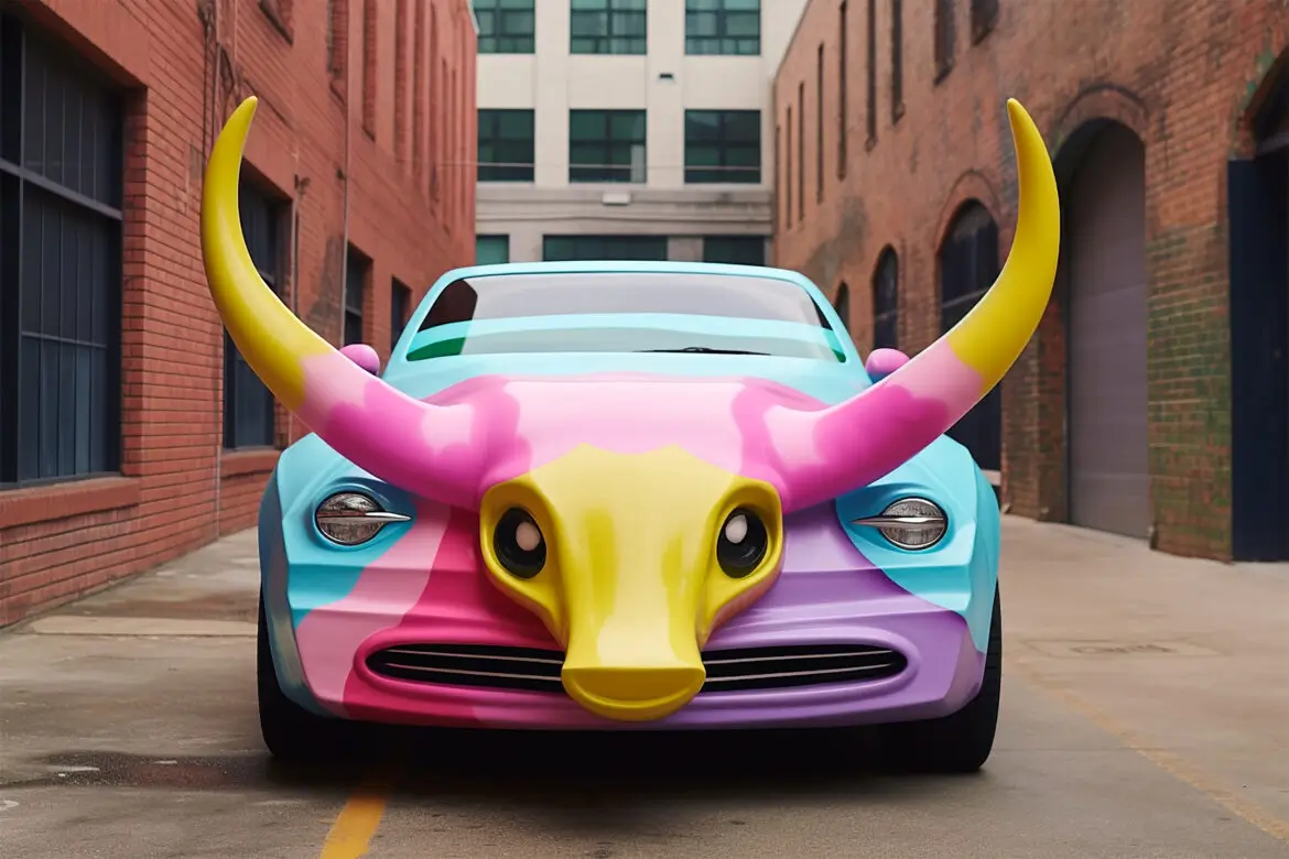 A brightly colored car with large, exaggerated bull horns on the front, parked in an urban alleyway. The playful design and vibrant colors make the car appear like a whimsical art piece, blending automotive and animal features.