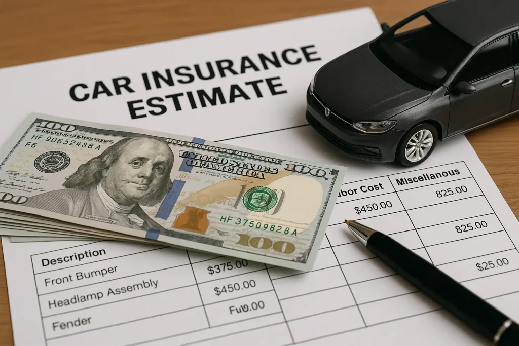 Car insurance estimate form on a desk with a stack of $100 bills, a miniature car model, and a pen placed on top.