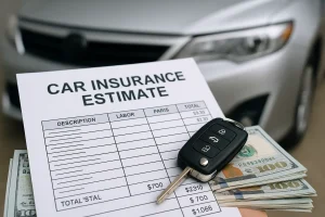 Close-up of a car insurance estimate document with repair cost details, placed on top of cash and a car key, with a silver car in the background.