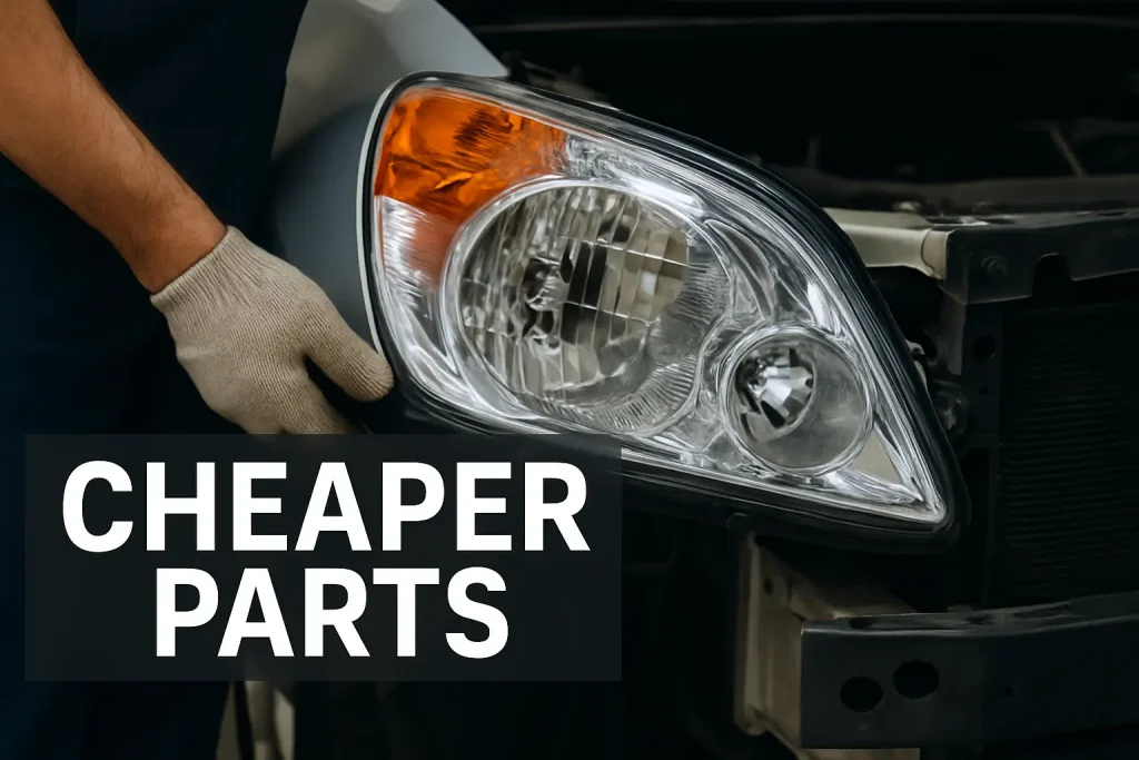 Close-up of a mechanic wearing gloves installing a car headlight, with the words "Cheaper Parts" overlaid in bold white text.