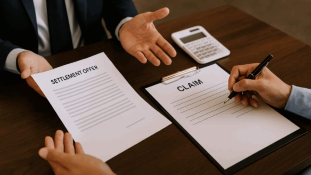 Person reviewing an insurance settlement offer while another fills out a claim form — illustrating the risk of accepting lowball payouts without checking damages, diminished value, and real market data.
