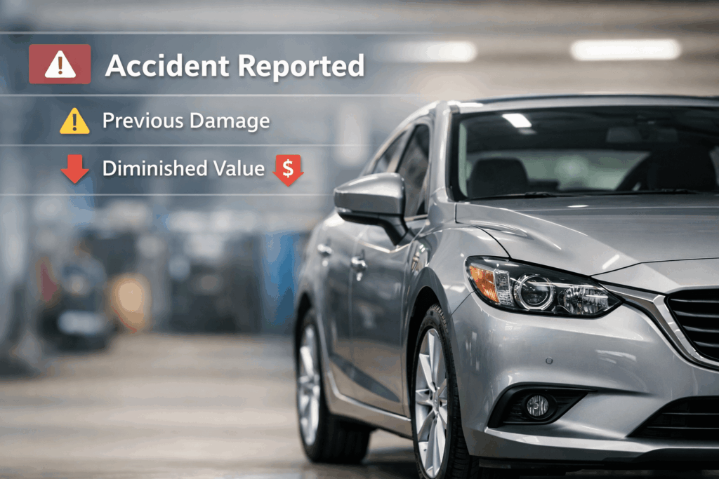 Diminished value after repairs caused by accident history and insurance denial