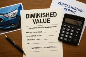 A close-up of a "Diminished Value" appraisal form, a "Vehicle History Report," a pen, a calculator, and a photograph of a crashed blue car, illustrating the necessary steps to document the loss of value after a car accident.