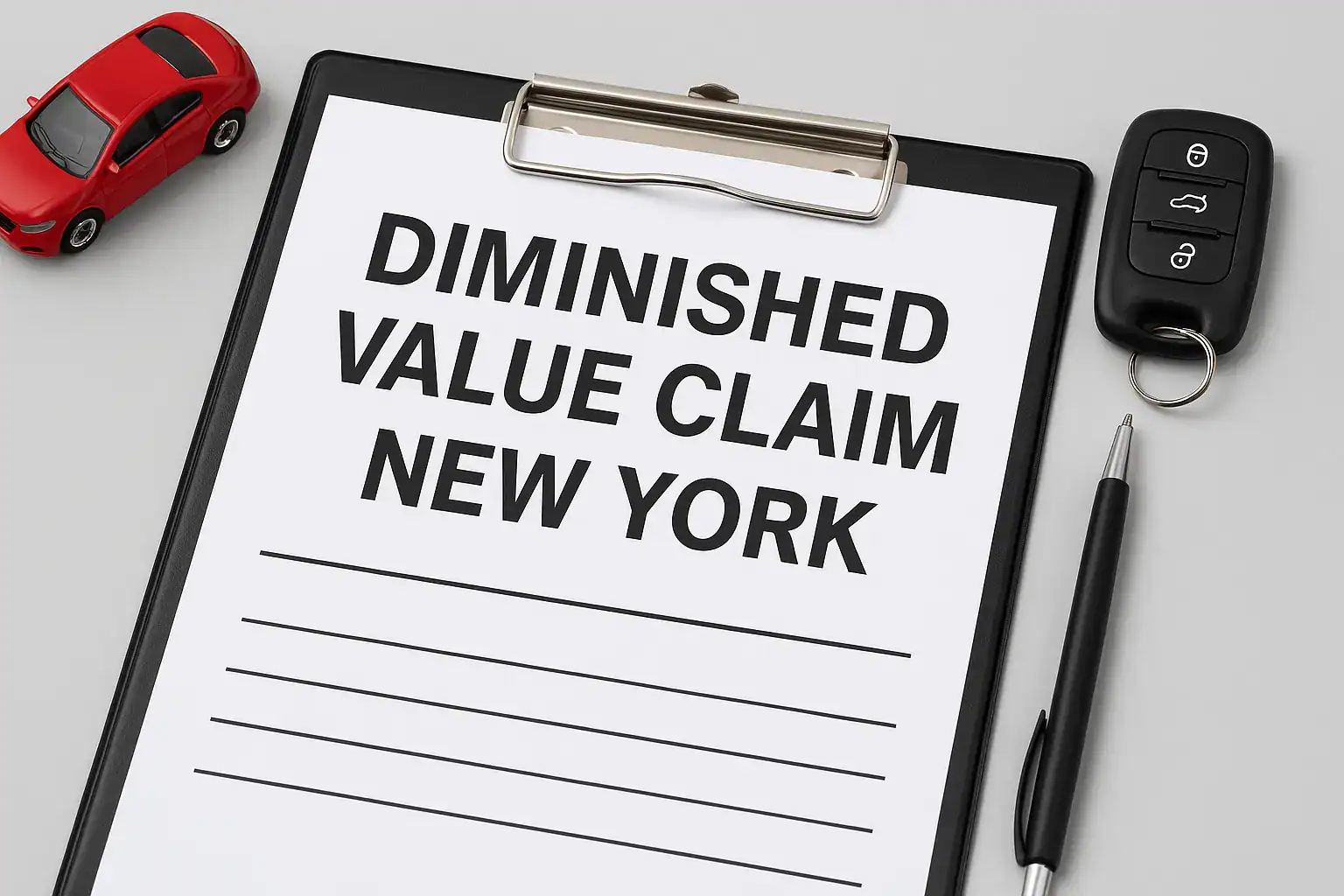 Diminished Value Claim form labeled “New York” on clipboard with car keys and toy car.