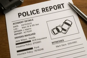 Close-up of a filled-out police report form with accident details, driver information, and a car collision diagram.