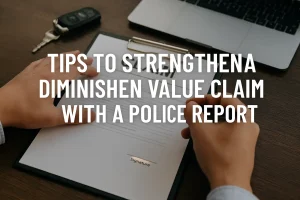 Hands filling out a document labeled "Signature" on a clipboard, with car keys and a laptop on the desk.