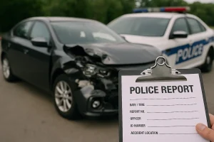 Police report form held in front of a damaged black car and a police cruiser at the accident scene.