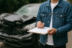 A person holding a clipboard and a pen, documenting damage to a black car in the blurred background, symbolizing the process of assessing vehicle damage to get a higher ACV from insurance.