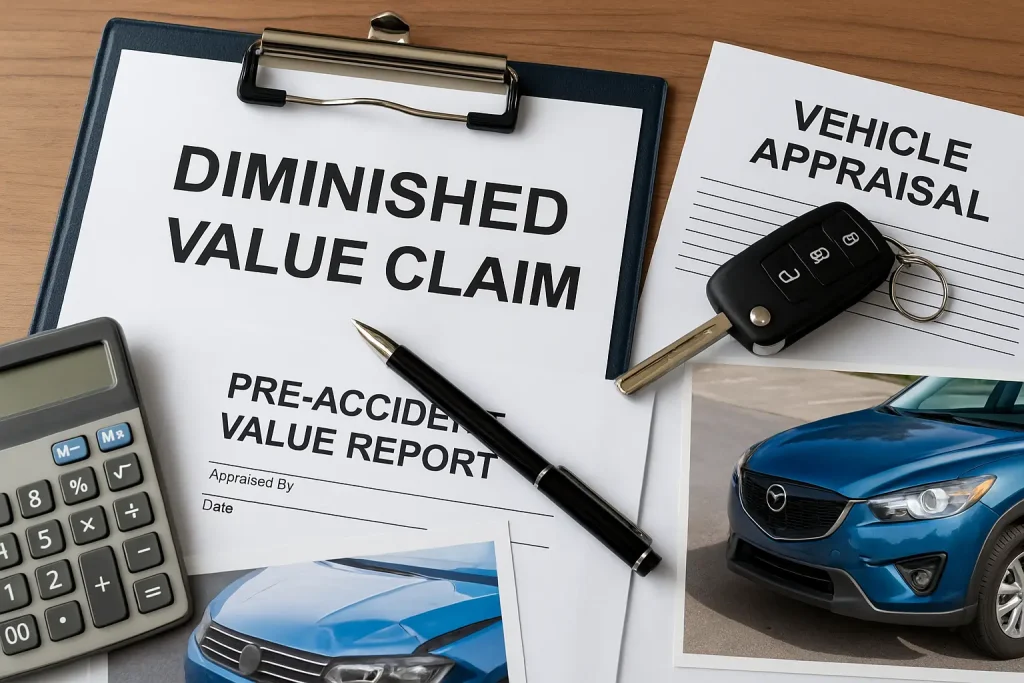 A close-up of documents for a "Diminished Value Claim" and a "Vehicle Appraisal," along with a car key and a calculator, representing the financial and legal process of filing a diminished value claim.