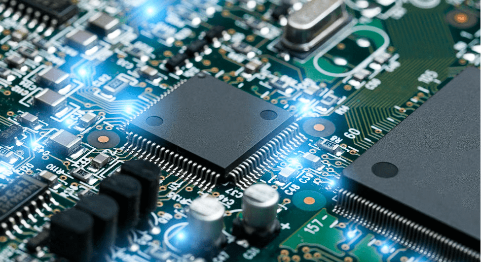 electronic circuit board with cpu microchip electronic components