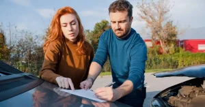 Man and woman standing by damaged vehicles filling out car accident report for insurance and DV claim