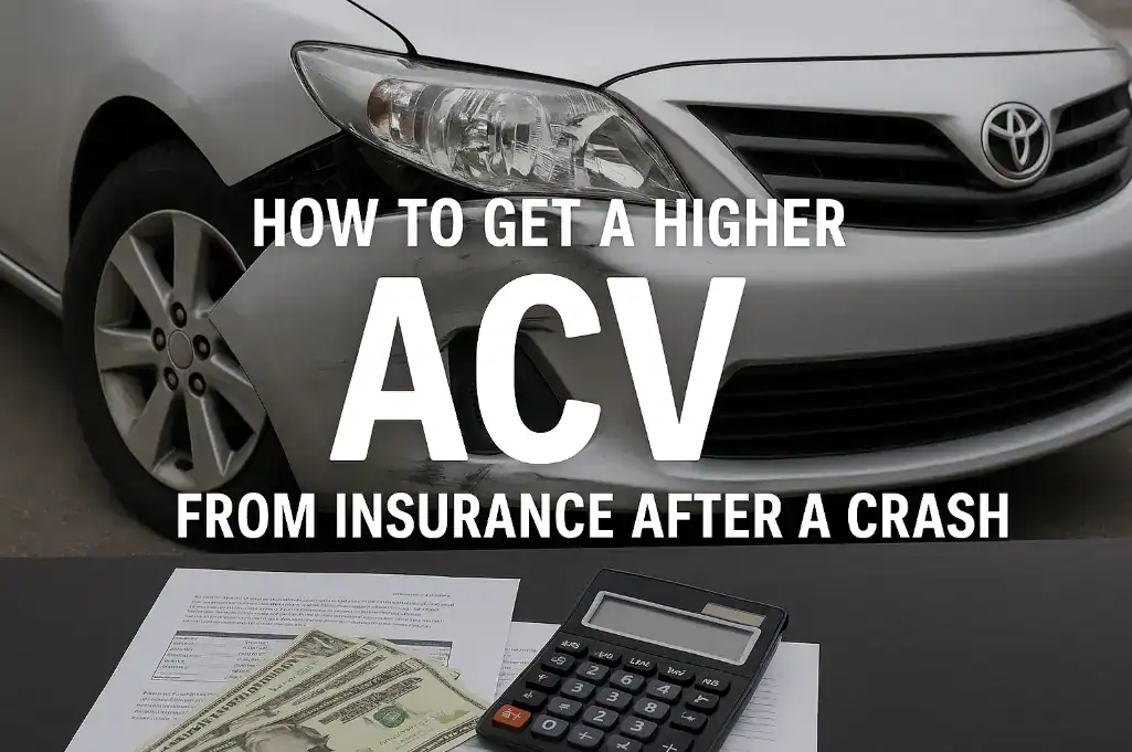A silver car with front bumper damage, with the text "HOW TO GET A HIGHER ACV FROM INSURANCE AFTER A CRASH" overlaid, and paperwork, a calculator, and cash in the foreground, representing how to negotiate a higher ACV from insurance.