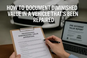 A person's hands filling out a professional diminished value appraisal report on a clipboard, with a laptop showing a "Pre-Accident Value Report" in the background, illustrating the process of documenting diminished value for a repaired vehicle.