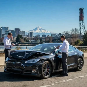 insurance and independent appraiser inspecting a totaled car